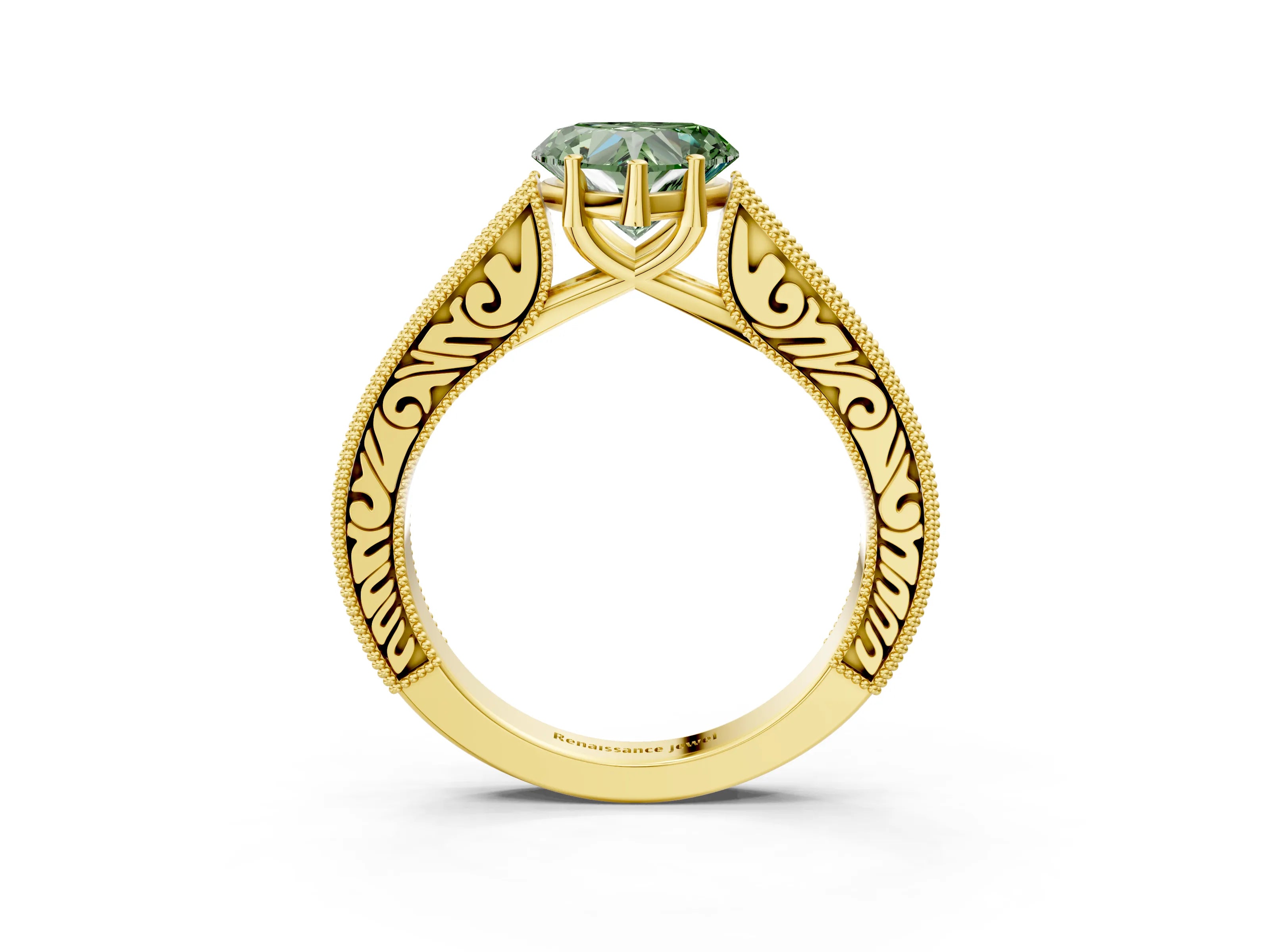 Yellow gold Fancy Green Heart Cut Cut Pave Band Milgrain Solitaire Ring_15