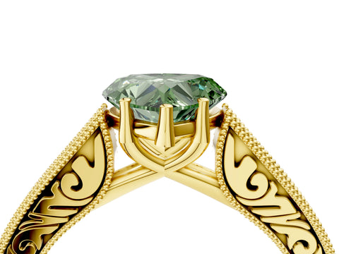 Yellow gold Fancy Green Heart Cut Cut Pave Band Milgrain Solitaire Ring_16