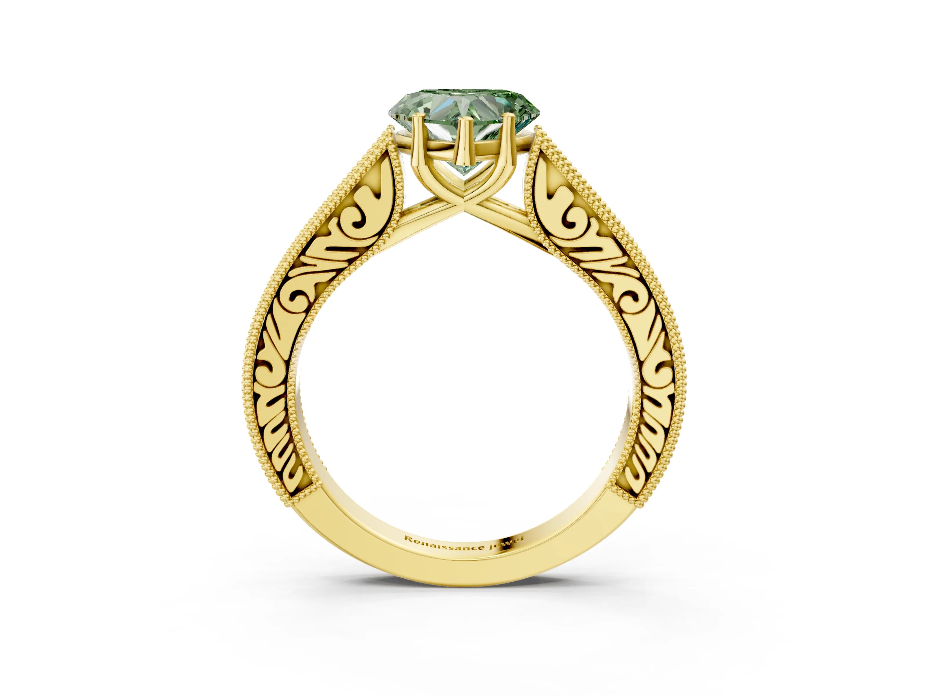 Yellow gold Fancy Green Heart Cut Cut Pave Band Milgrain Solitaire Ring_27
