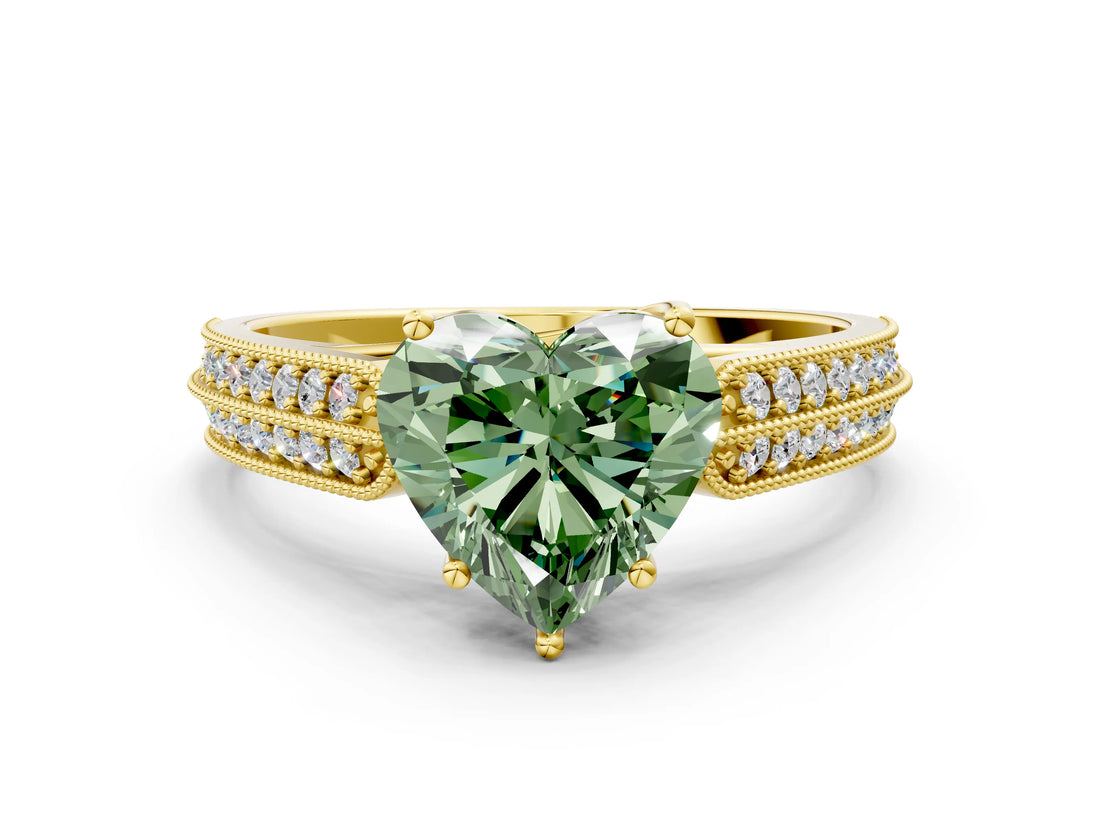 Yellow gold Fancy Green Heart Cut Cut Pave Split Shank Engagement Ring with Four-Prong Setting