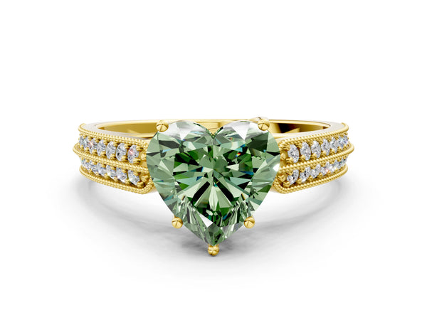 Yellow gold Fancy Green Heart Cut Cut Pave Split Shank Engagement Ring with Four-Prong Setting