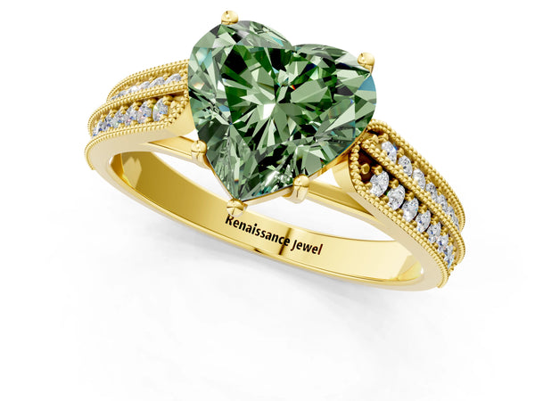 Yellow gold Fancy Green Heart Cut Cut Pave Split Shank Engagement Ring with Four-Prong Setting