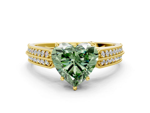 Yellow gold Fancy Green Heart Cut Cut Pave Split Shank Engagement Ring with Four-Prong Setting