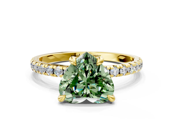 Yellow gold Fancy Green Heart Cut Diamond Brilliant Solitaire Ring with Pavé Band and Four-Prong Setting