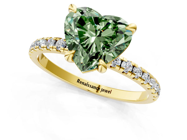 Yellow gold Fancy Green Heart Cut Diamond Brilliant Solitaire Ring with Pavé Band and Four-Prong Setting