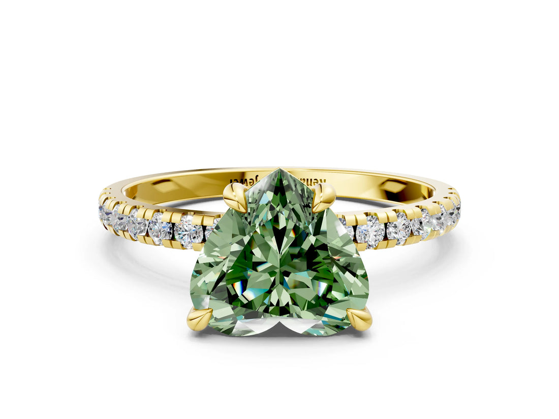 Yellow gold Fancy Green Heart Cut Diamond Brilliant Solitaire Ring with Pavé Band and Four-Prong Setting_12