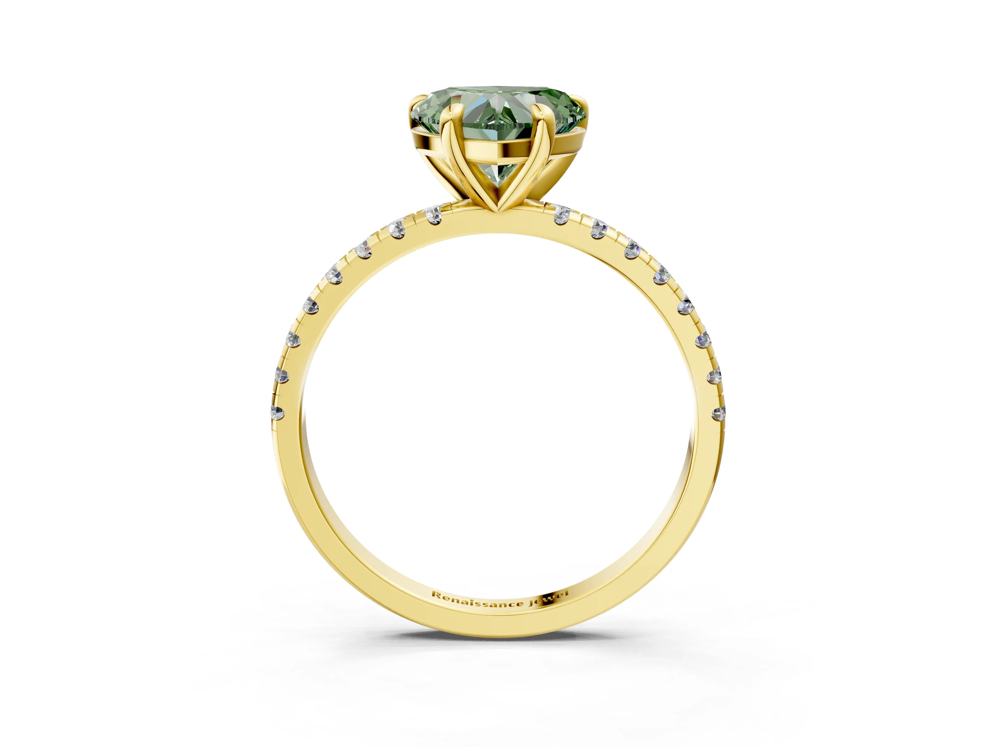 Yellow gold Fancy Green Heart Cut Diamond Brilliant Solitaire Ring with Pavé Band and Four-Prong Setting_3