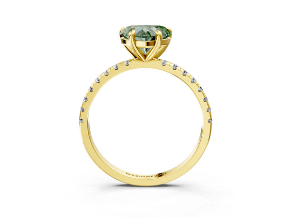 Yellow gold Fancy Green Heart Cut Diamond Brilliant Solitaire Ring with Pavé Band and Four-Prong Setting