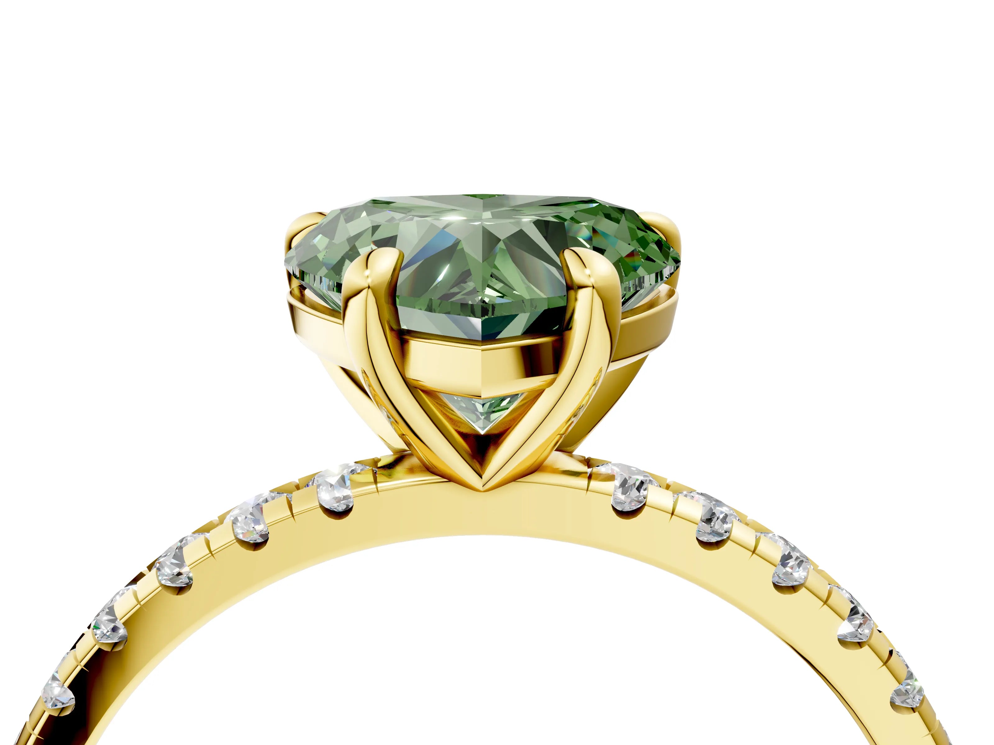 Yellow gold Fancy Green Heart Cut Diamond Brilliant Solitaire Ring with Pavé Band and Four-Prong Setting_4