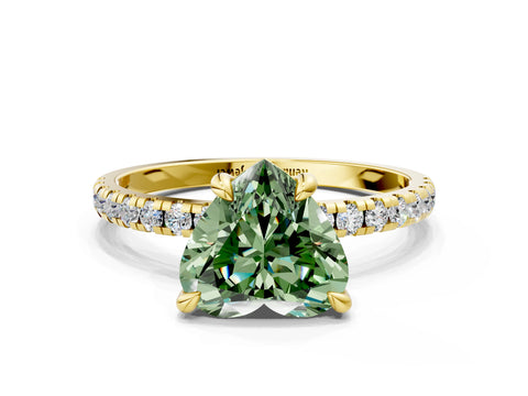 Yellow gold Fancy Green Heart Cut Diamond Brilliant Solitaire Ring with Pavé Band and Four-Prong Setting