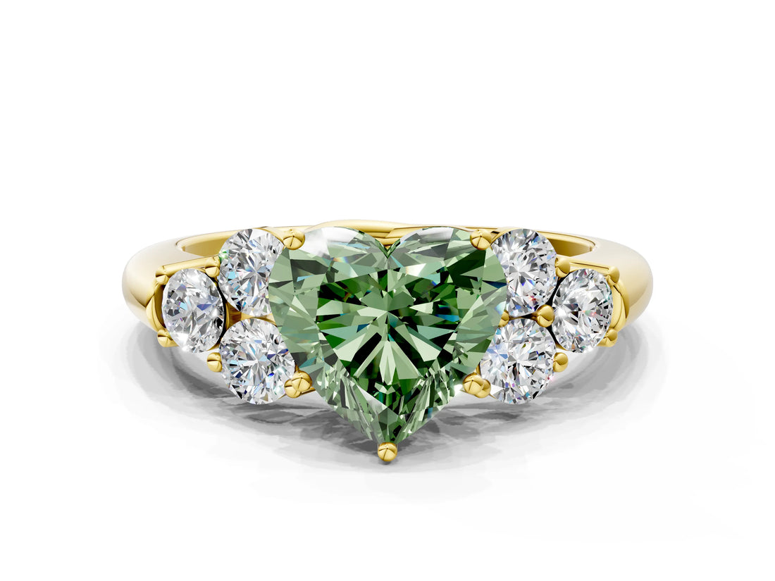 Yellow gold Fancy Green Heart  Cut Diamond Cluster Ring with Round Accent Stones and Prong Setting on a Classic Band_29
