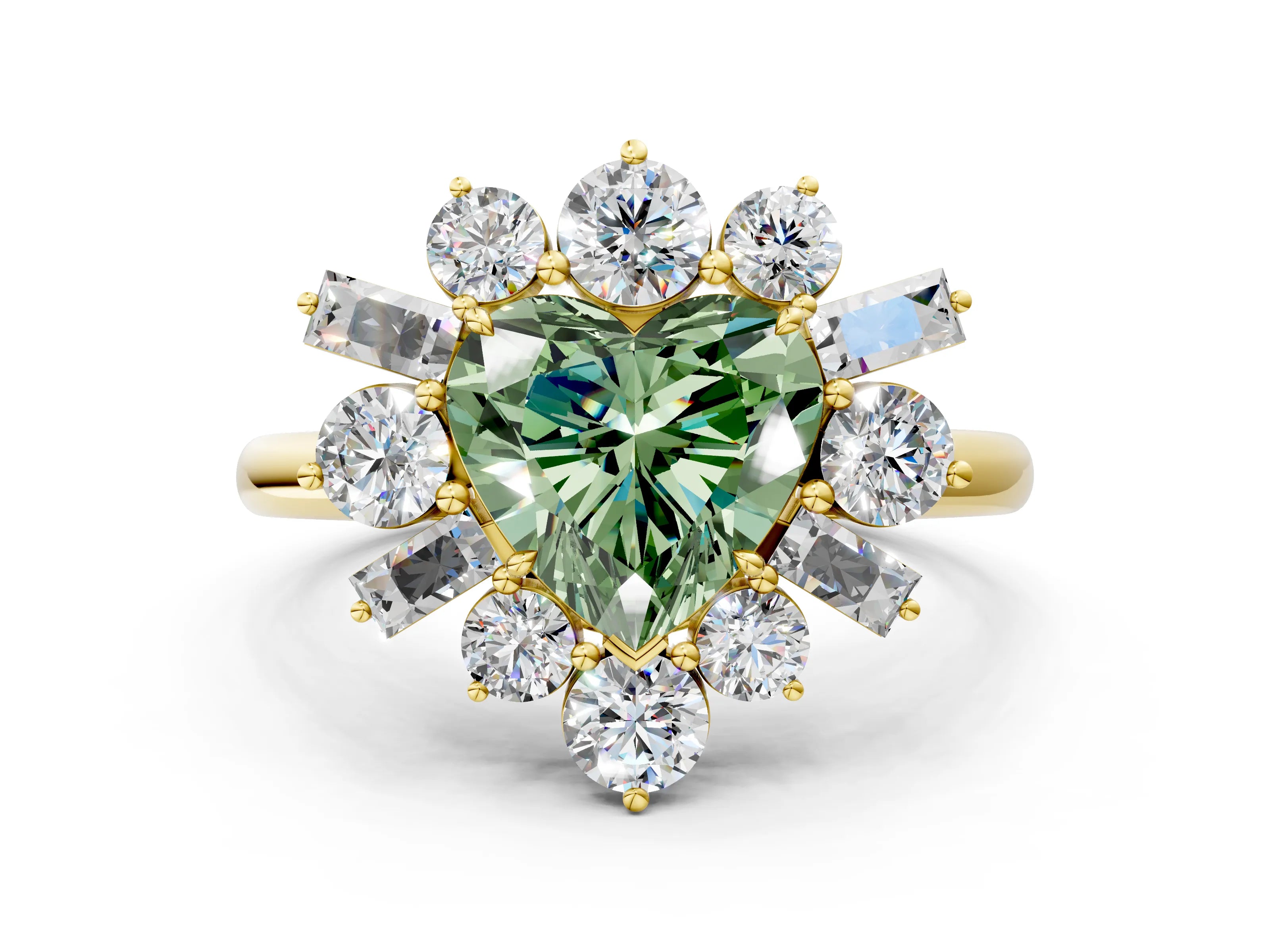 Yellow gold Fancy Green Heart Cut Diamond Cluster Ring with Round and Baguette Stones, Split Shank Band, Prong Setting