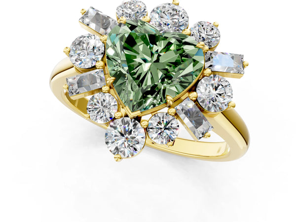 Yellow gold Fancy Green Heart Cut Diamond Cluster Ring with Round and Baguette Stones, Split Shank Band, Prong Setting