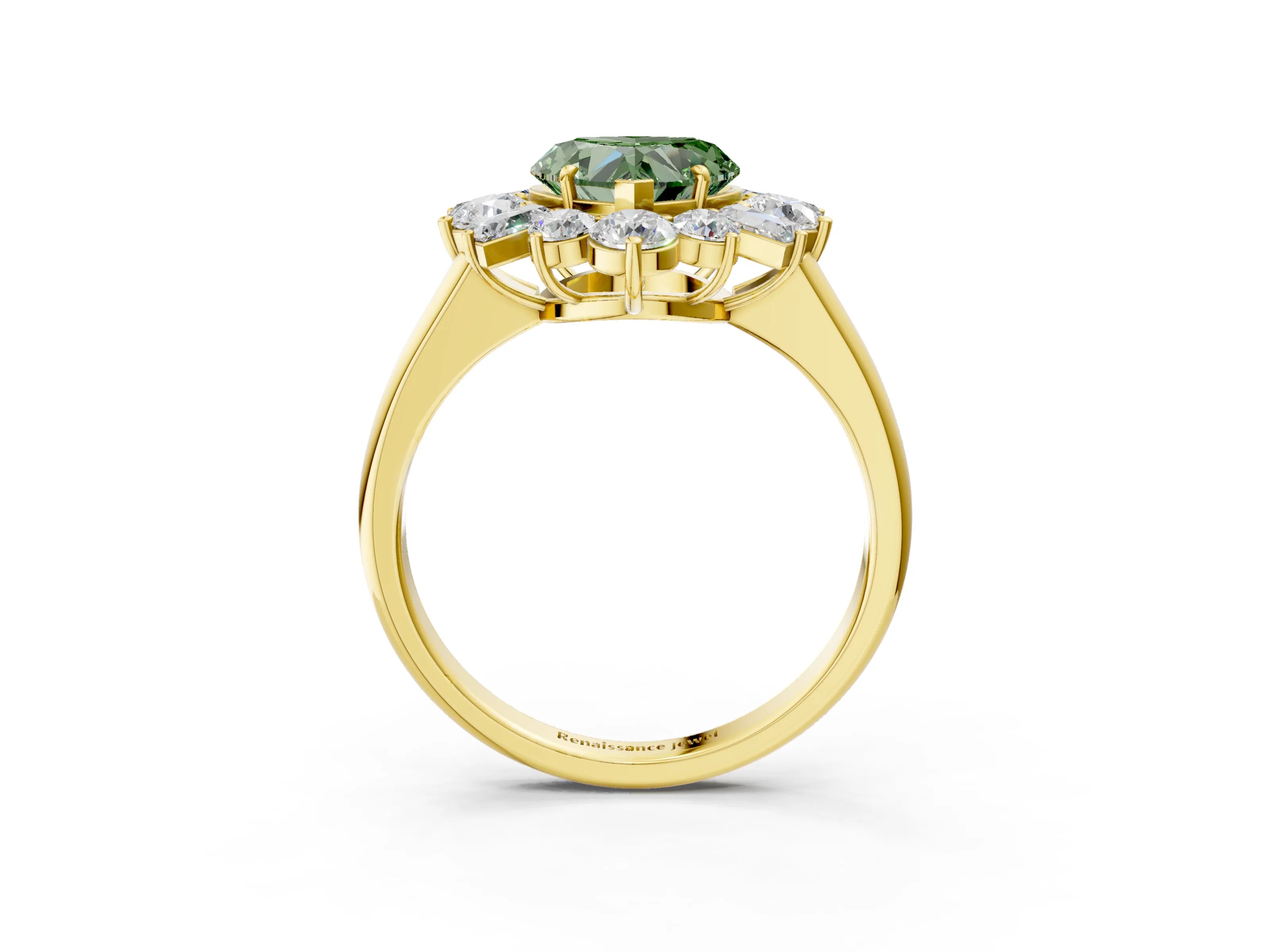Yellow gold Fancy Green Heart Cut Diamond Cluster Ring with Round and Baguette Stones, Split Shank Band, Prong Setting_3
