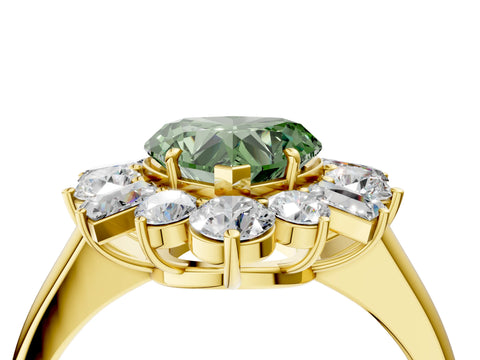 Yellow gold Fancy Green Heart Cut Diamond Cluster Ring with Round and Baguette Stones, Split Shank Band, Prong Setting_4