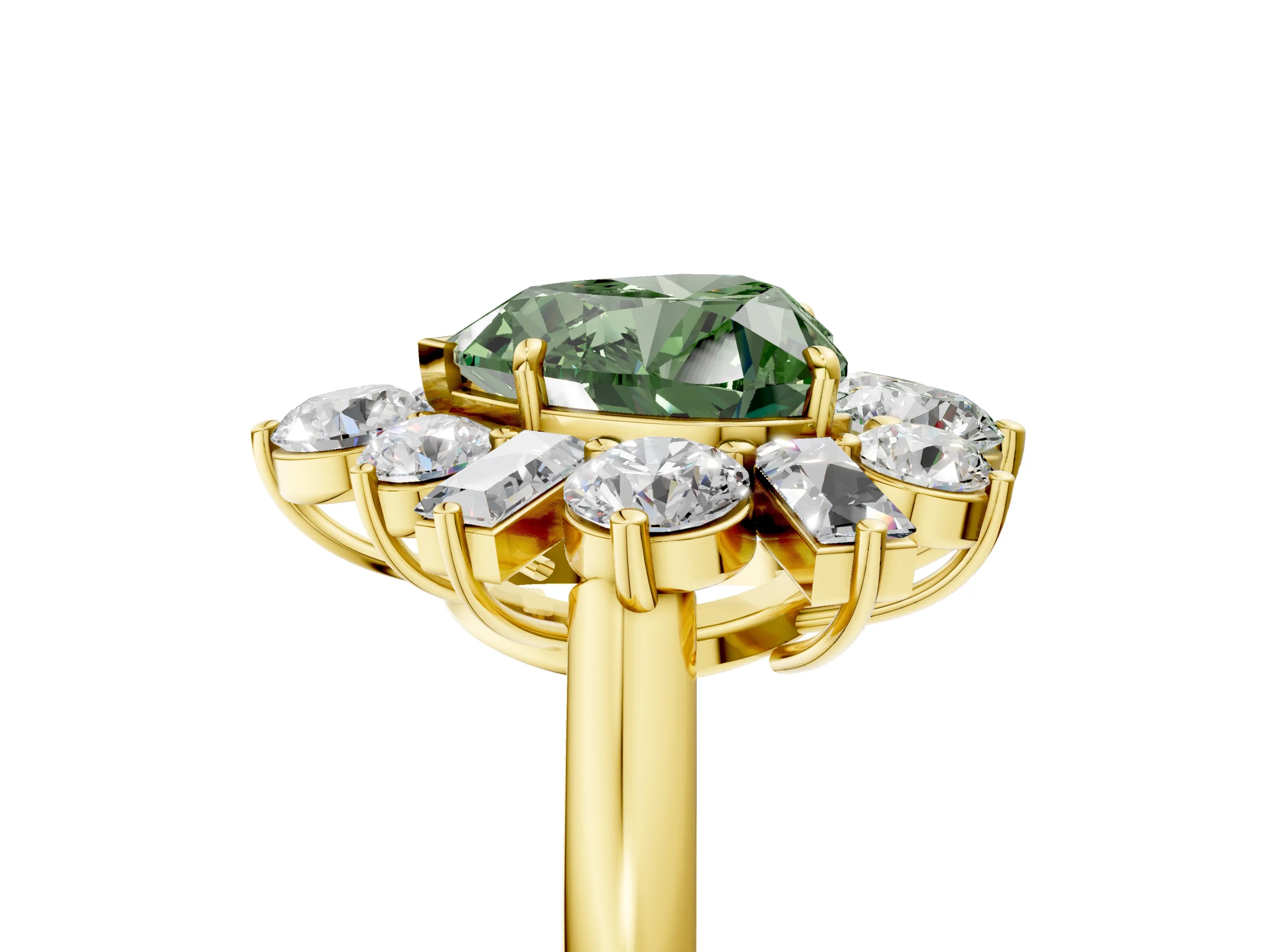 Yellow gold Fancy Green Heart Cut Diamond Cluster Ring with Round and Baguette Stones, Split Shank Band, Prong Setting_5