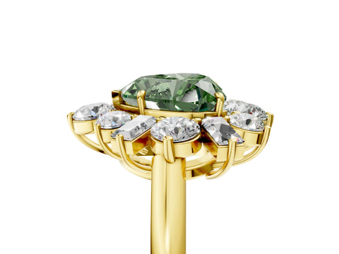 Yellow gold Fancy Green Heart Cut Diamond Cluster Ring with Round and Baguette Stones, Split Shank Band, Prong Setting_5