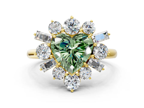 Yellow gold Fancy Green Heart Cut Diamond Cluster Ring with Round and Baguette Stones, Split Shank Band, Prong Setting