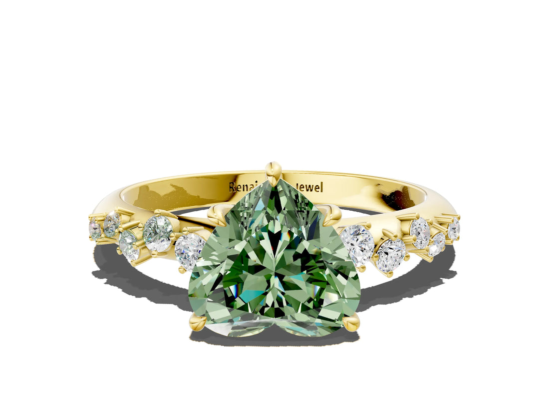 Yellow gold Fancy Green Heart Cut Diamond Cluster Side Stone Solitaire Ring with Prong Setting_32