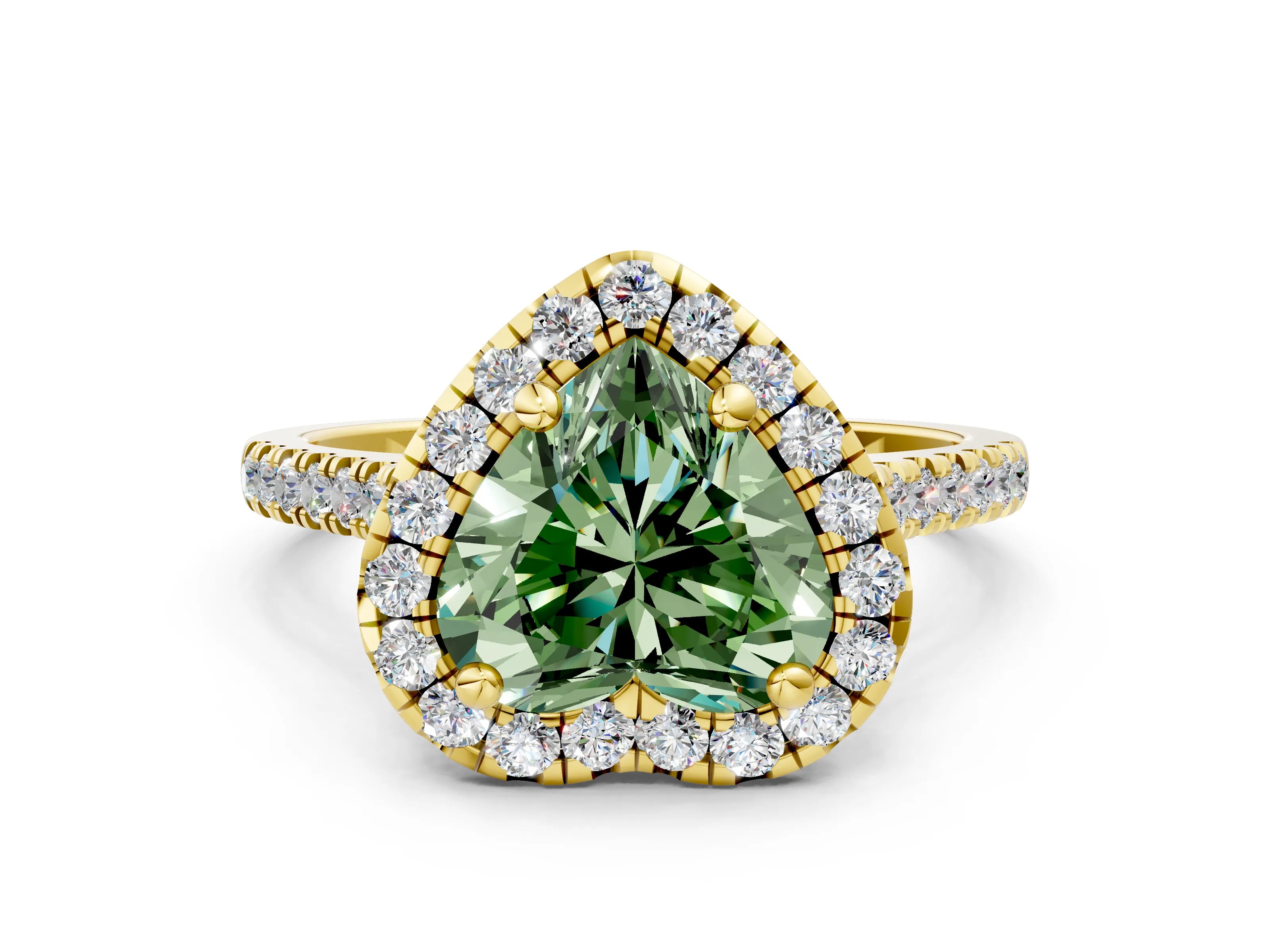 Yellow gold Fancy Green Heart Cut Diamond Cushion Halo Ring with Pavé Band