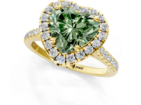 Yellow gold Fancy Green Heart Cut Diamond Cushion Halo Ring with Pavé Band_1