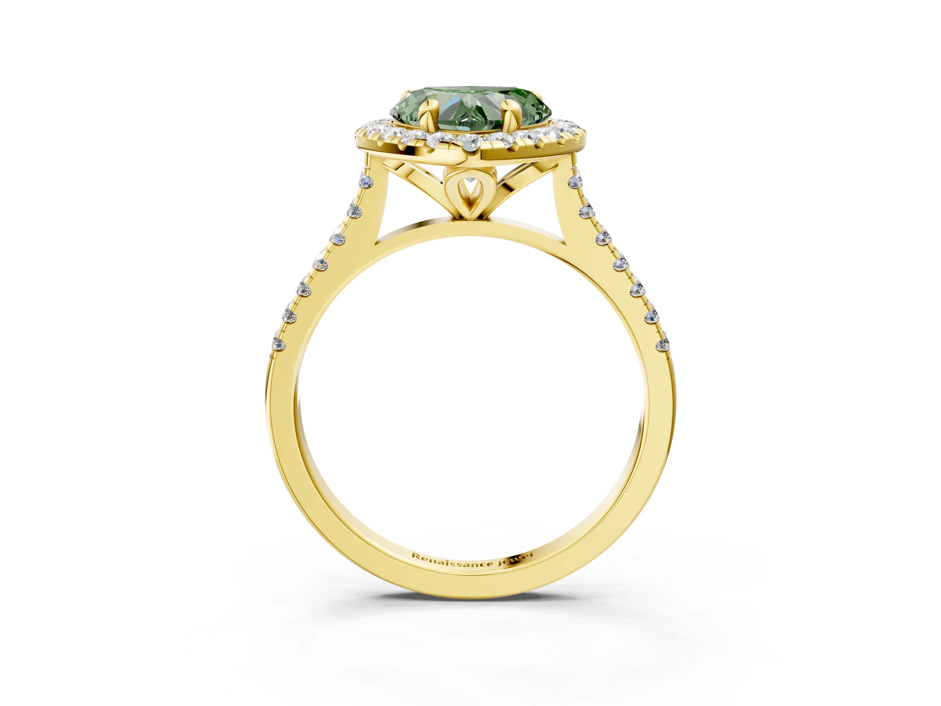 Yellow gold Fancy Green Heart Cut Diamond Cushion Halo Ring with Pavé Band_3