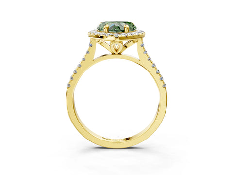 Yellow gold Fancy Green Heart Cut Diamond Cushion Halo Ring with Pavé Band_3