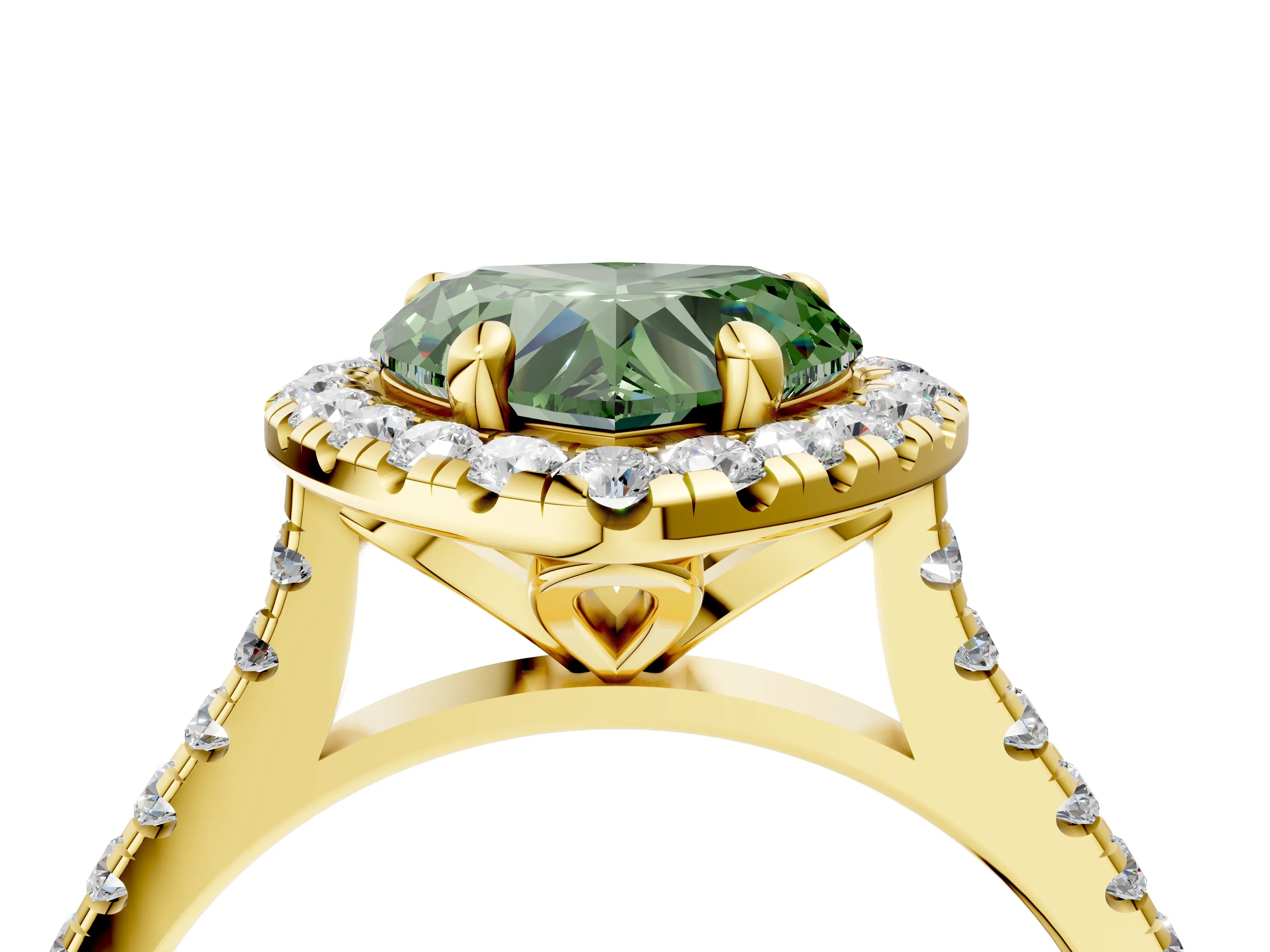 Yellow gold Fancy Green Heart Cut Diamond Cushion Halo Ring with Pavé Band_4