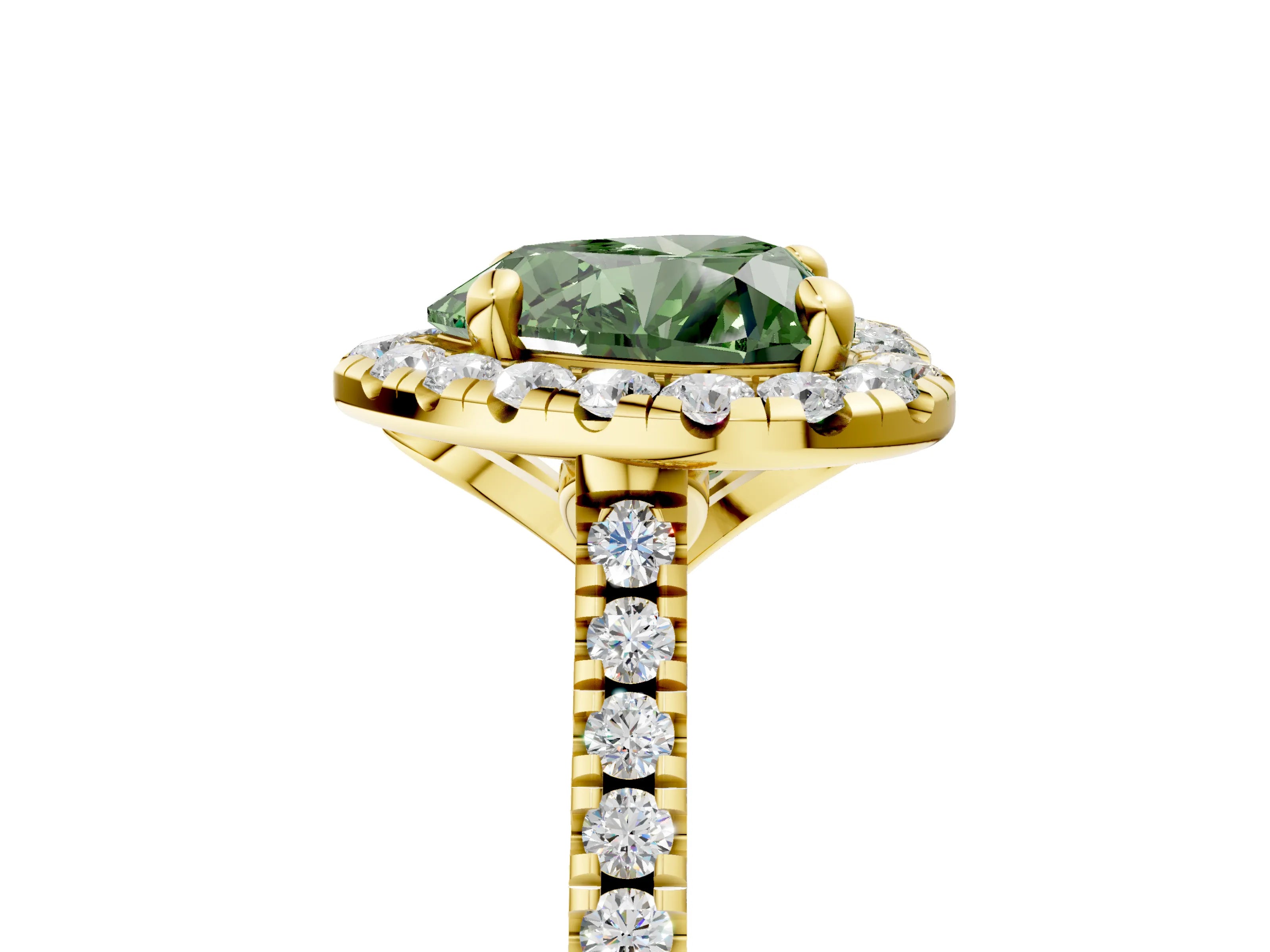 Yellow gold Fancy Green Heart Cut Diamond Cushion Halo Ring with Pavé Band_5