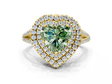 Yellow gold Fancy Green Heart Cut Diamond Double Halo Ring with Pavé Band and Prong Setting_17