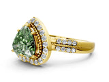 Yellow gold Fancy Green Heart Cut Diamond Double Halo Ring with Split Shank and Four-Prong Setting