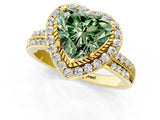 Yellow gold Fancy Green Heart Cut Diamond Double Halo Ring with Split Shank and Four-Prong Setting_1