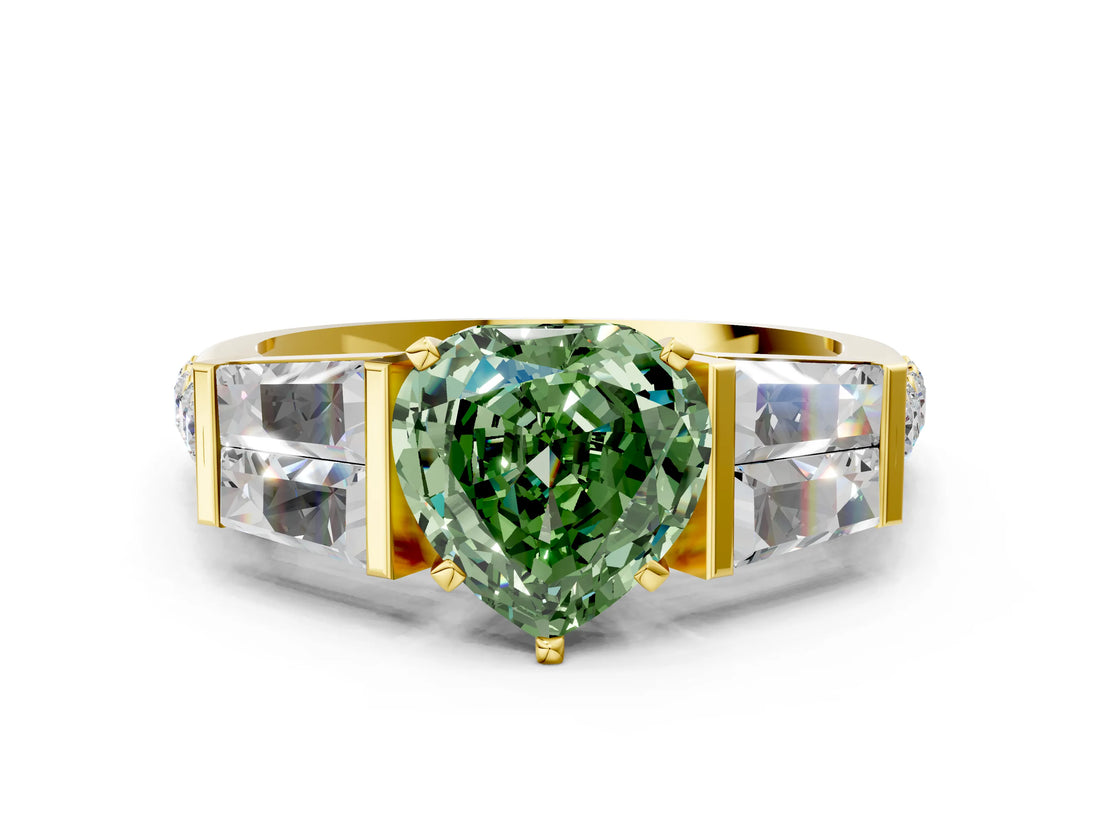 Yellow gold Fancy Green Heart Cut Diamond Engagement Ring with Baguette Side Stones and Channel Set Band_17