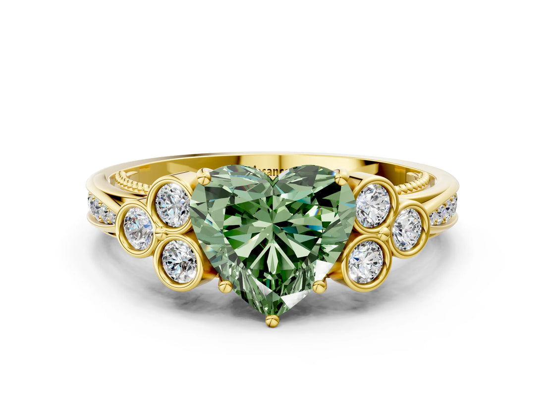 Yellow gold Fancy Green Heart  Cut Diamond Engagement Ring with Bezel Set Round Side Stones and Prong Setting_70