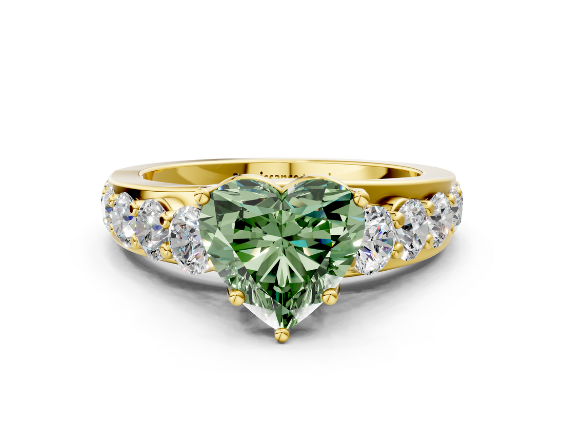 Yellow gold Fancy Green Heart  Cut Diamond Engagement Ring with Pavé Band and Four-Prong Setting_3