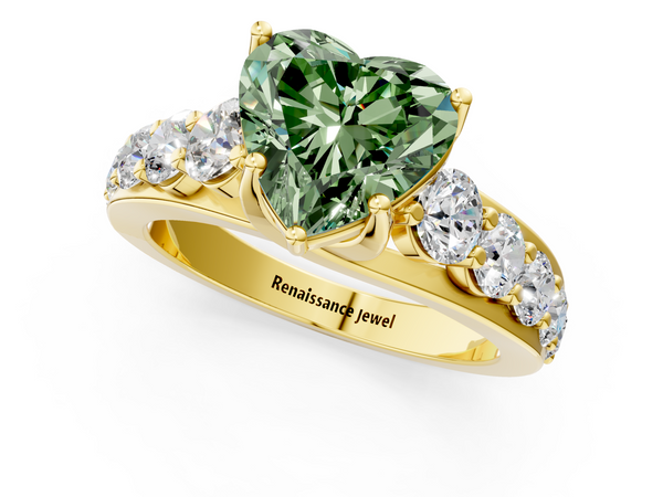Yellow gold Fancy Green Heart Cut Diamond Engagement Ring with Pavé Band and Four-Prong Setting