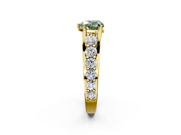 Yellow gold Fancy Green Heart Cut Diamond Engagement Ring with Pavé Band and Four-Prong Setting