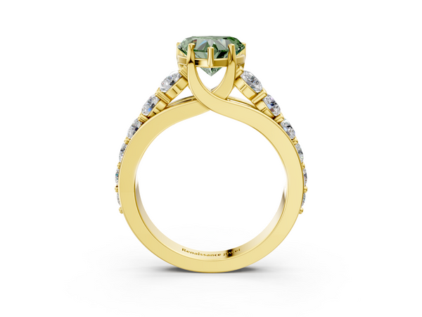 Yellow gold Fancy Green Heart Cut Diamond Engagement Ring with Pavé Band and Four-Prong Setting