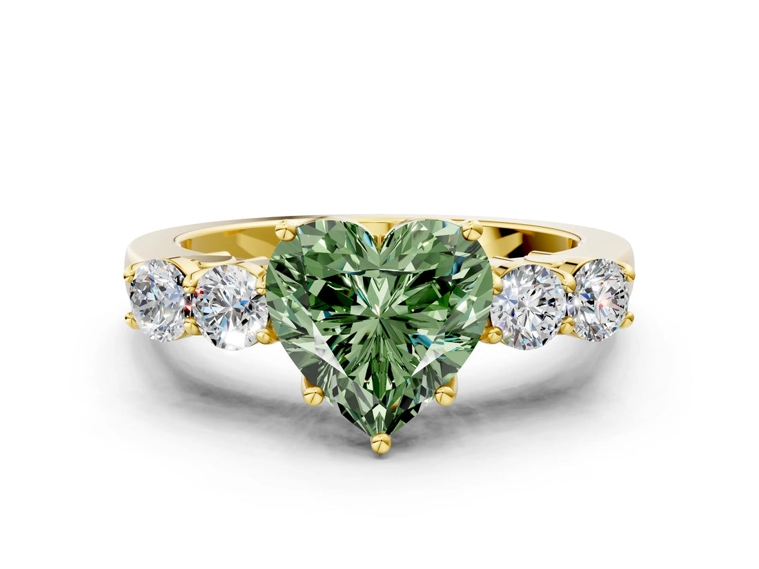 Yellow gold Fancy Green Heart  Cut Diamond Five-Stone Prong Set White Gold Ring_30