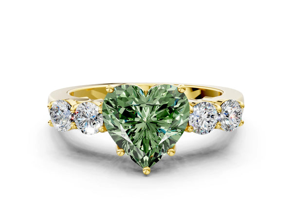 Yellow gold Fancy Green Heart  Cut Diamond Five-Stone Prong Set White Gold Ring