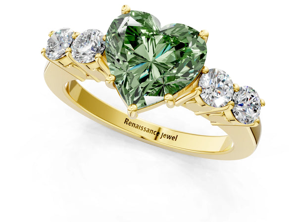 Yellow gold Fancy Green Heart  Cut Diamond Five-Stone Prong Set White Gold Ring