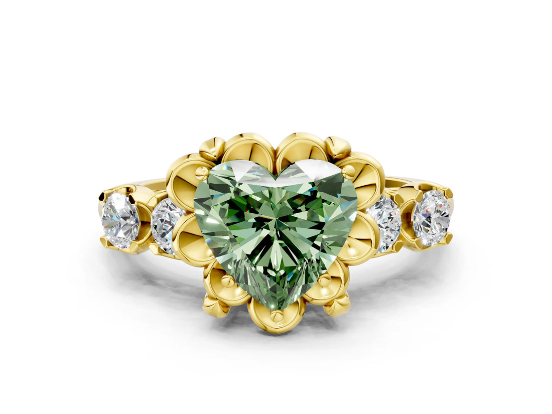 Yellow gold Fancy Green Heart  Cut Diamond Floral Halo Engagement Ring with Shared Prong Setting 1