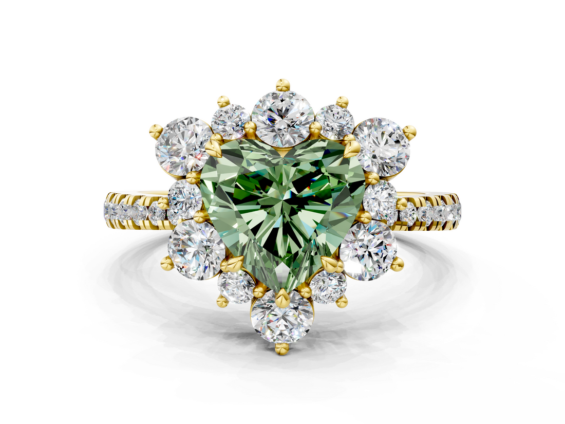 Yellow gold Fancy Green Heart  Cut Diamond Floral Halo Pave Band with Prong Setting
