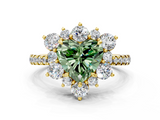 Yellow gold Fancy Green Heart  Cut Diamond Floral Halo Pave Band with Prong Setting