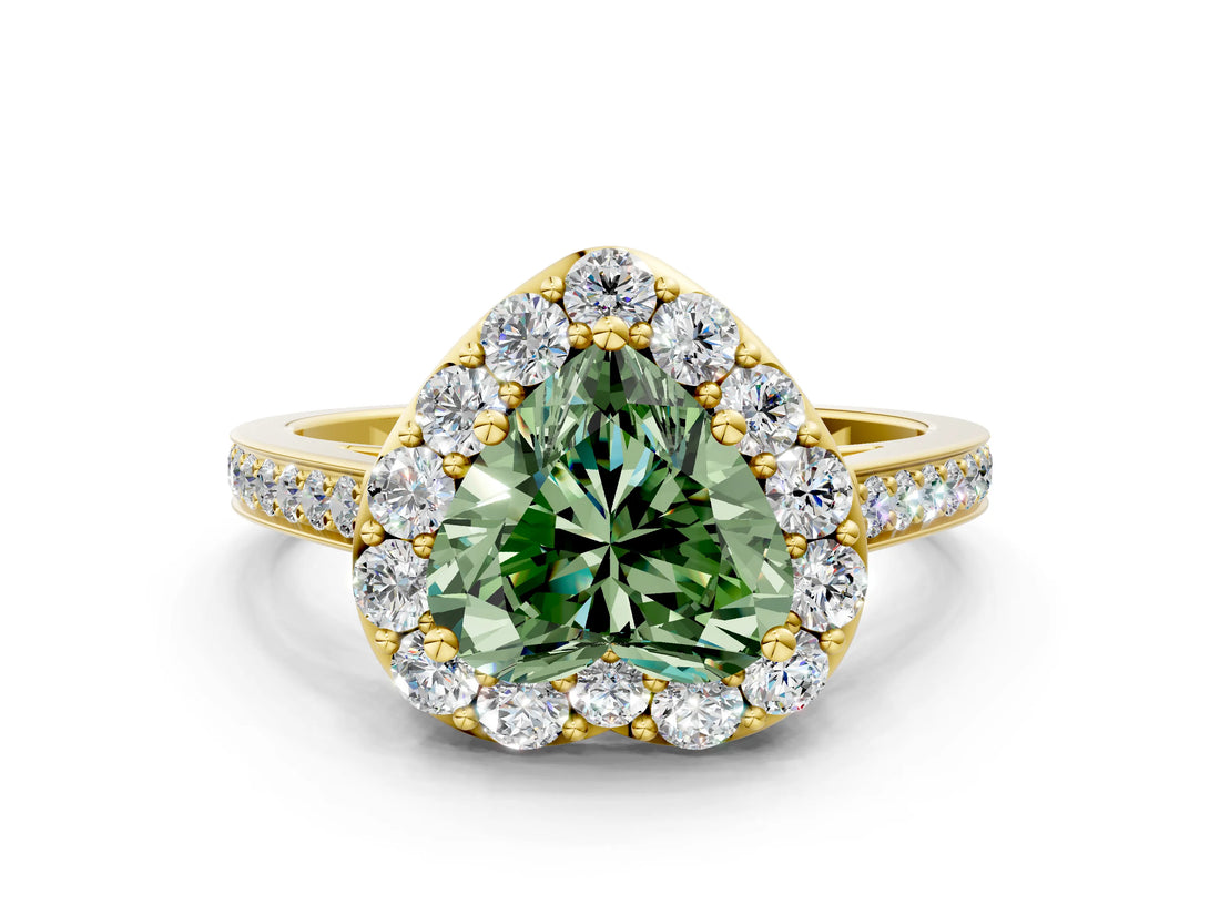 Yellow gold Fancy Green Heart Cut Diamond Floral Halo Ring with Pavé Band and Prong Setting_3
