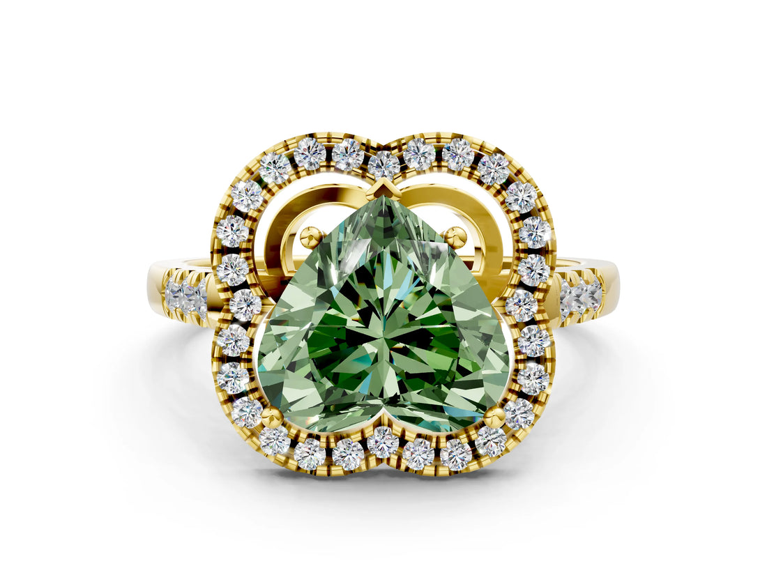 Yellow gold Fancy Green Heart Cut Diamond Floral Halo Split Shank Prong Setting Ring_12