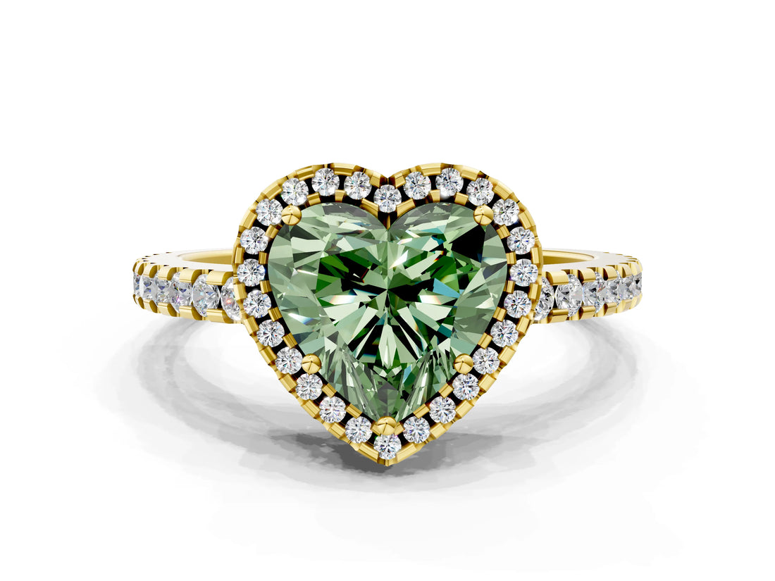 Yellow gold Fancy Green Heart Cut Diamond Halo Engagement Ring with Pavé Band and Prong Setting_27
