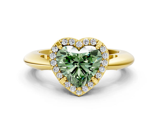 Yellow gold Fancy Green Heart  Cut Diamond Halo Engagement Ring with Split Shank and Four-Prong Setting