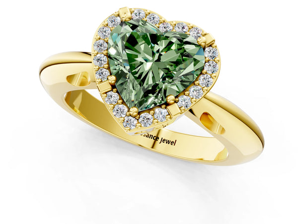 Yellow gold Fancy Green Heart  Cut Diamond Halo Engagement Ring with Split Shank and Four-Prong Setting