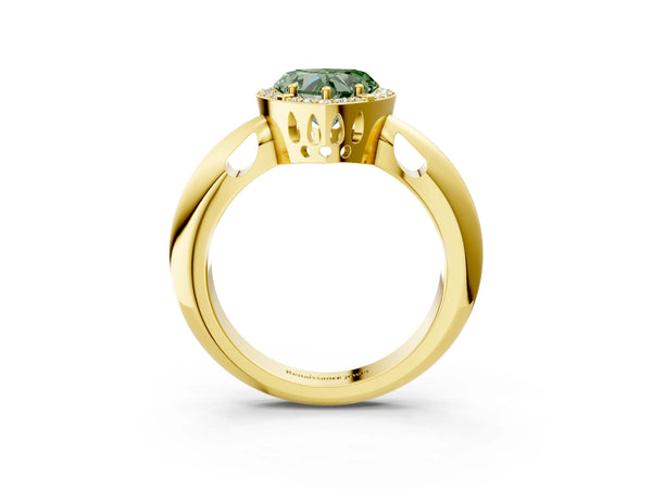 Yellow gold Fancy Green Heart  Cut Diamond Halo Engagement Ring with Split Shank and Four-Prong Setting